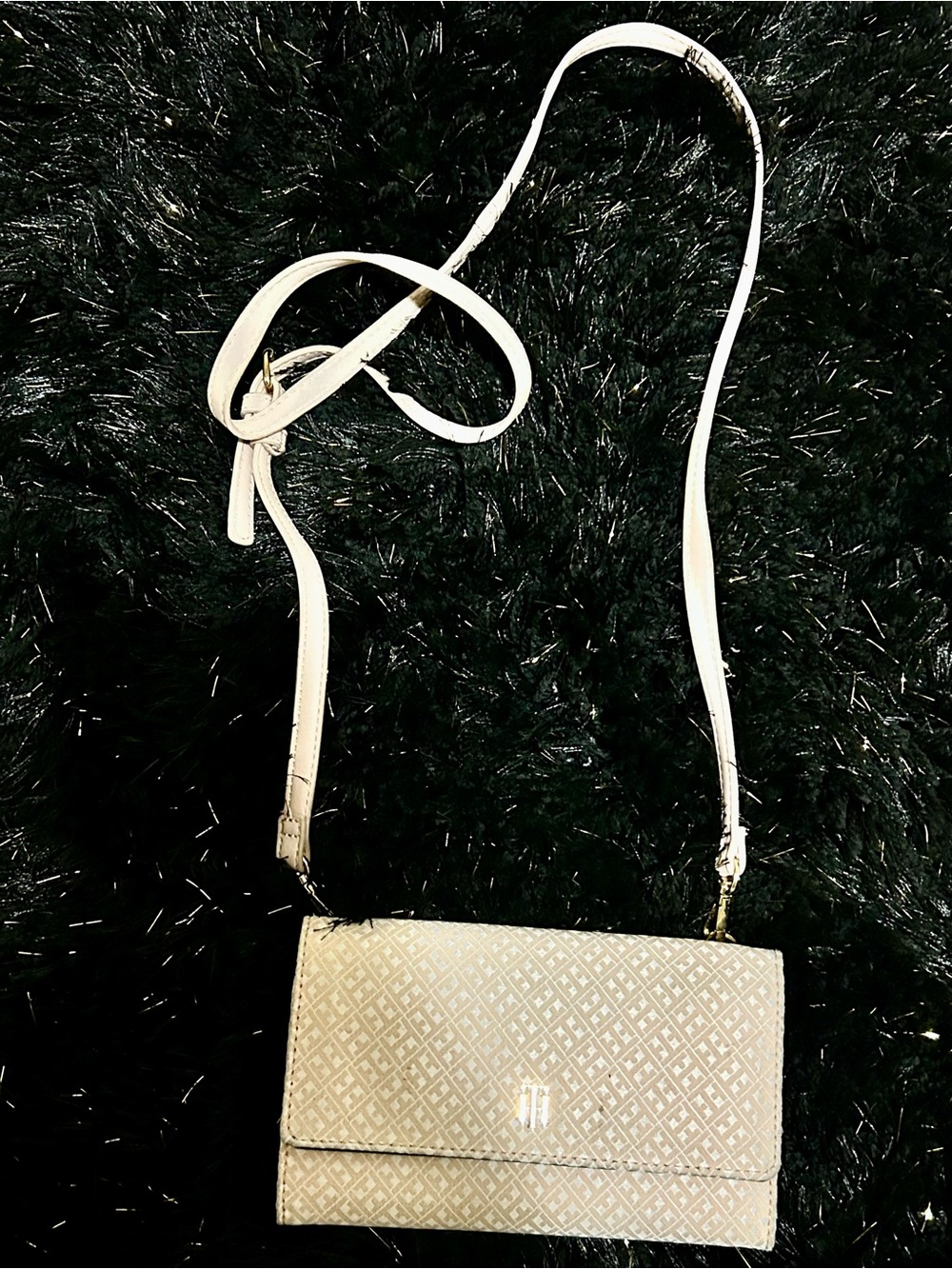 Tommy Hilfiger Beige Patterned Crossbody Wallet with White Strap